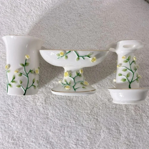 Vintage Ceramic Yellow Flower Bathroom Set Toothbrush Holder Cup Soap Dish - Picture 12 of 12